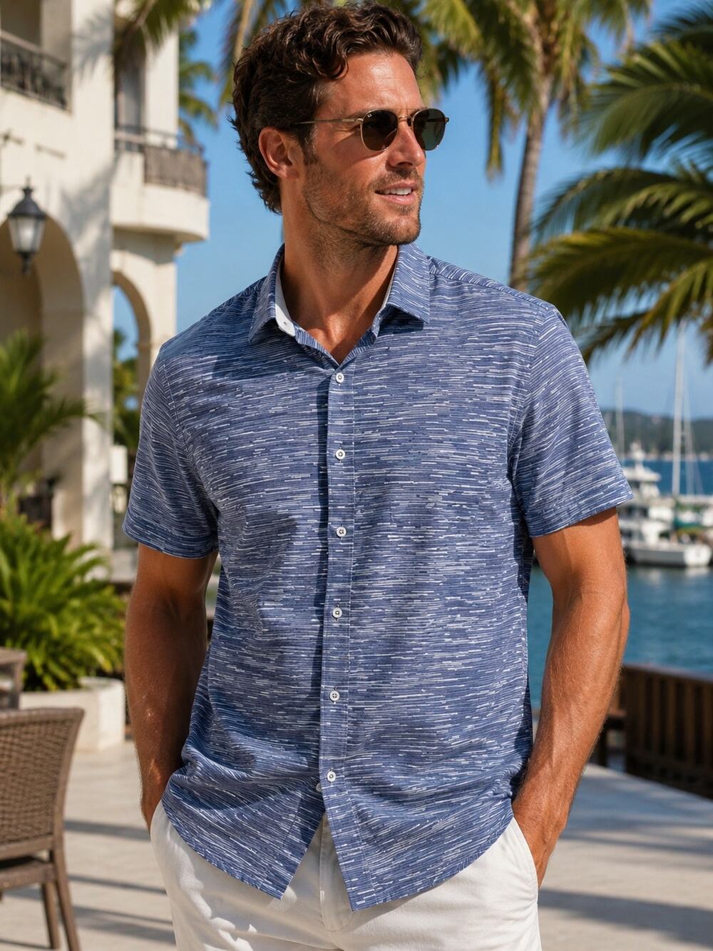 Boconi Nashville Blue Abstract Stripe Button Up Shirt Large Stretch Cotton Smart